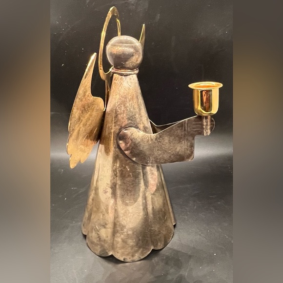 Christmas Brass Angel Holding Tapered Candlestick Holder Vintage Made Hong Kong - Picture 14 of 16